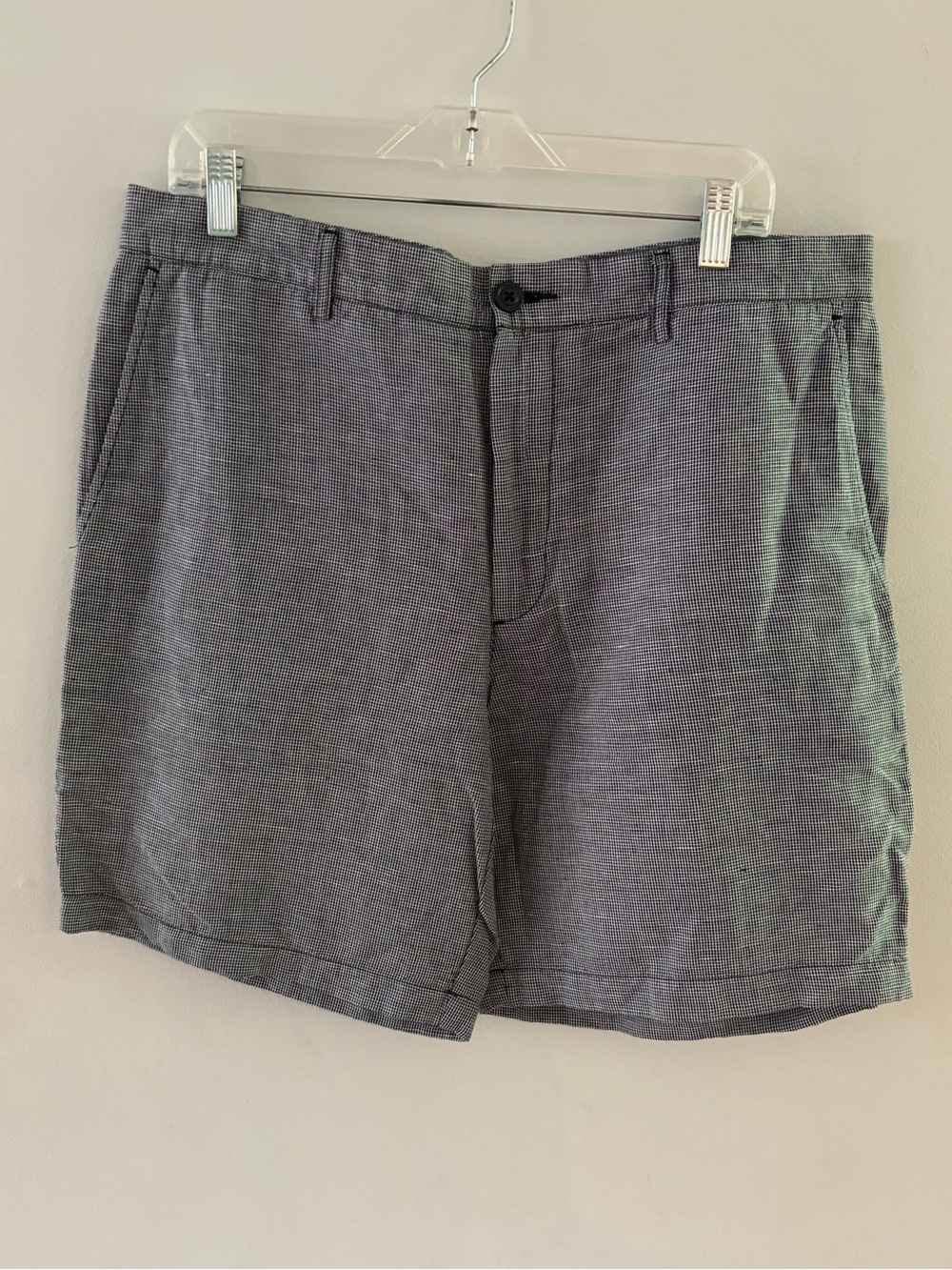 Club Monaco Men's Maddox Slim Fit Linen Cotton Blend Shorts Navy Grey Size 34